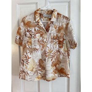 Jaclyn Smith XL Linen Blend‎ Orange Tropical Short Sleeve Button-Up Blouse